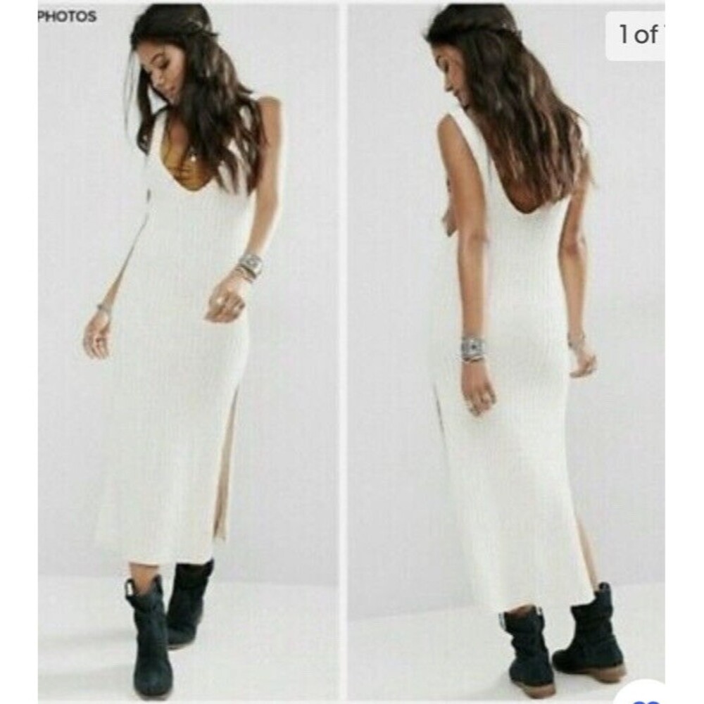 Free People Emmy Ribbed Knit Maxi Dress Side Slit Mustard Yellow Size XS